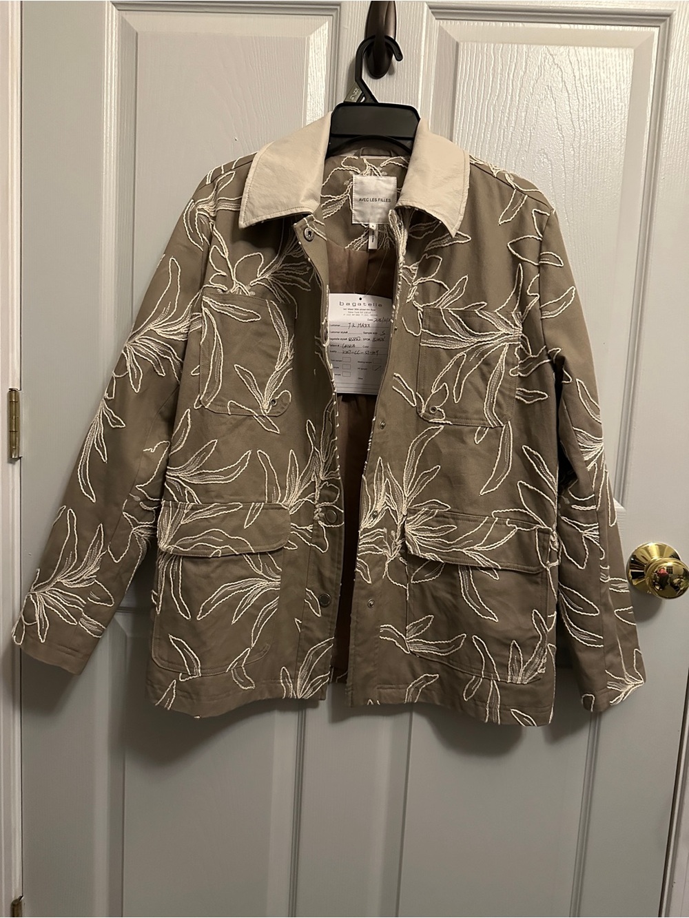 RARE Barn Jacket with Leather Collar in tan - floral embroidered detail (relaxed